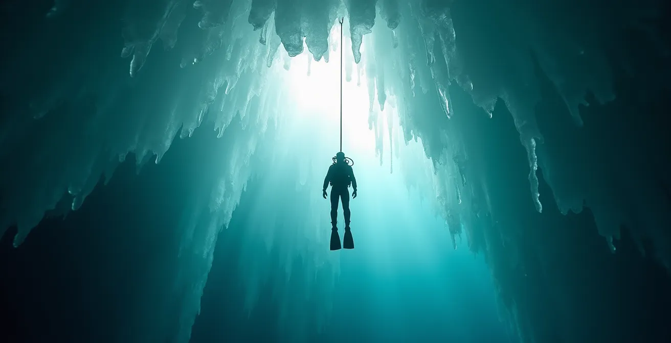 Eistaucher unter der Eisdecke eines bayerischen Bergsees