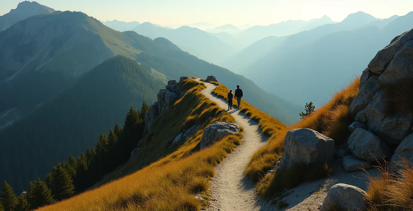 Metaphorische Darstellung einer persönlichen Reise als gewundener Pfad mit verschiedenen Stationen