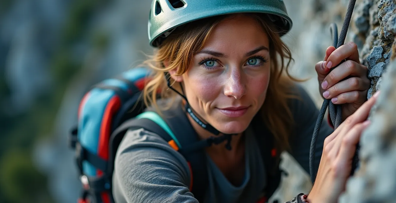 Kletterer an steilem Klettersteig in den bayerischen Alpen