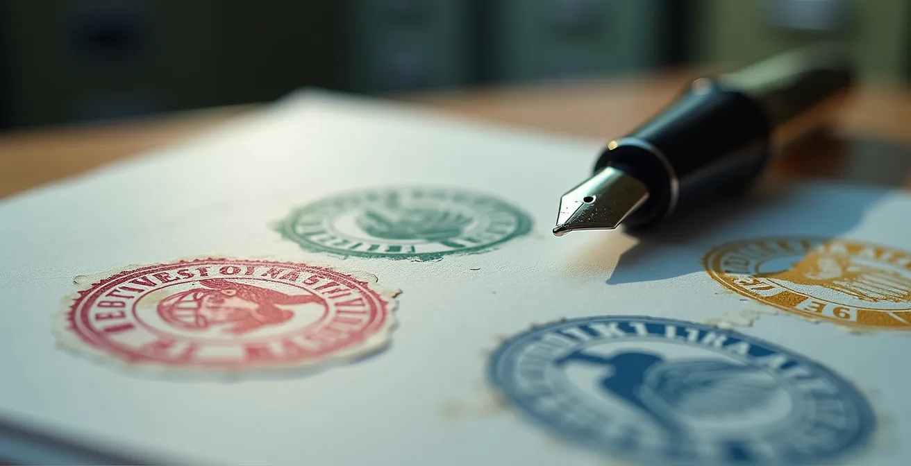 Nahaufnahme von gestempelten Dokumenten und Formularen in einem deutschen Amt