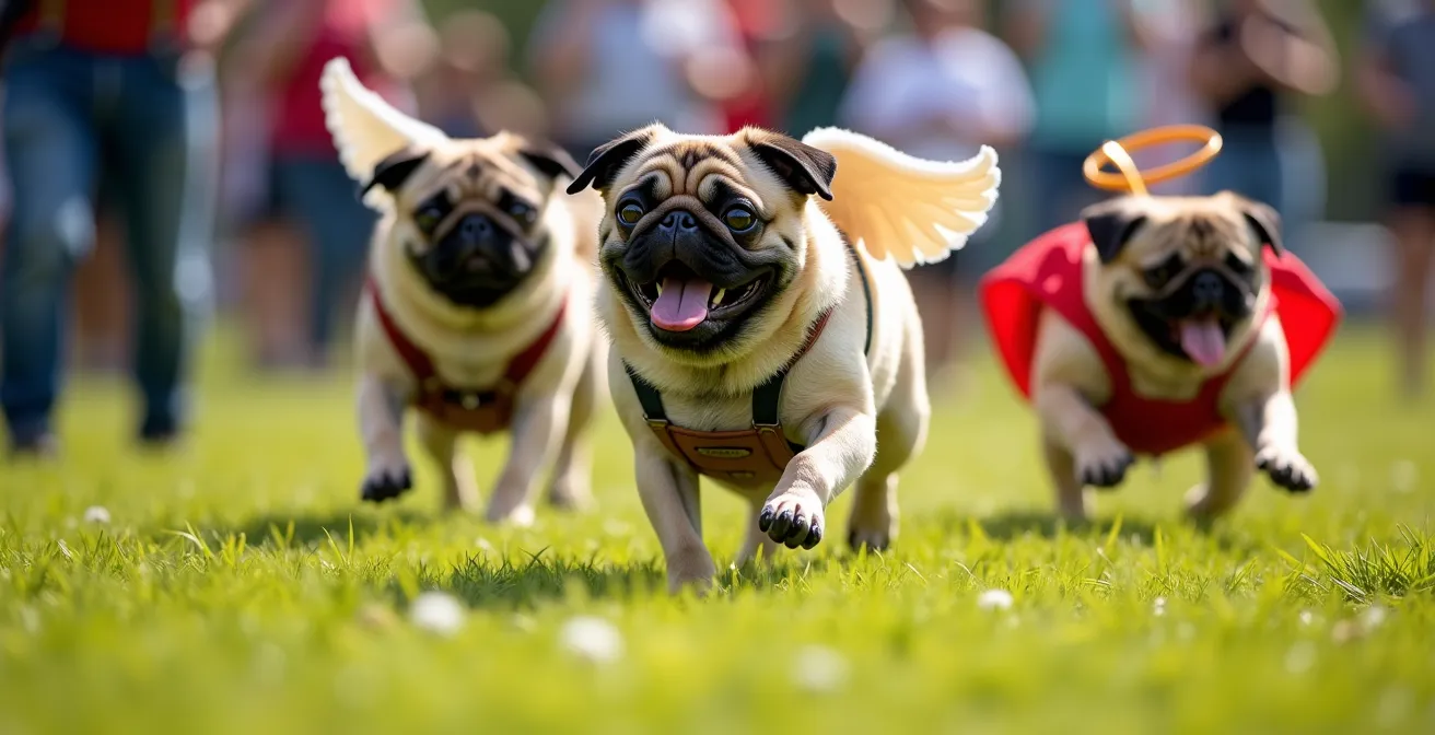 Mopsrennen mit kostümierten Hunden beim deutschen Meisterschaftswettbewerb
