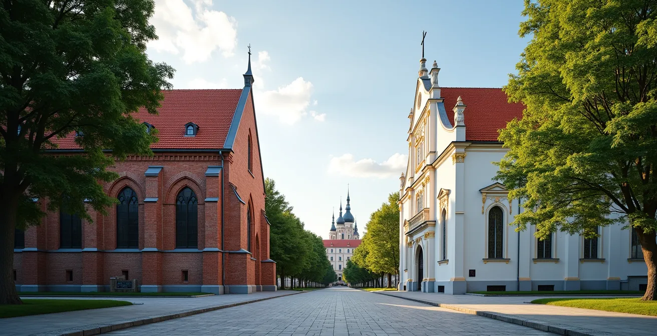 Architektonischer Kontrast zwischen protestantischer Backsteingotik und katholischem Barock