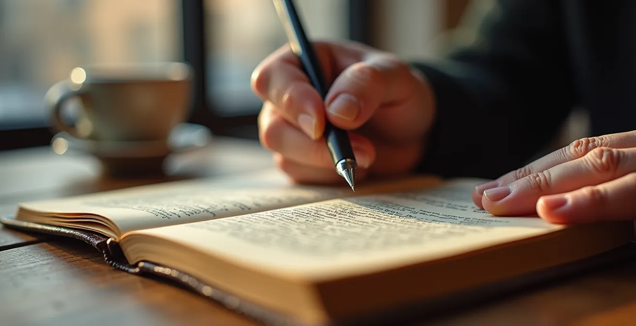 Hände schreiben in Reisetagebuch am Café-Tisch mit Blick auf deutsche Altstadt