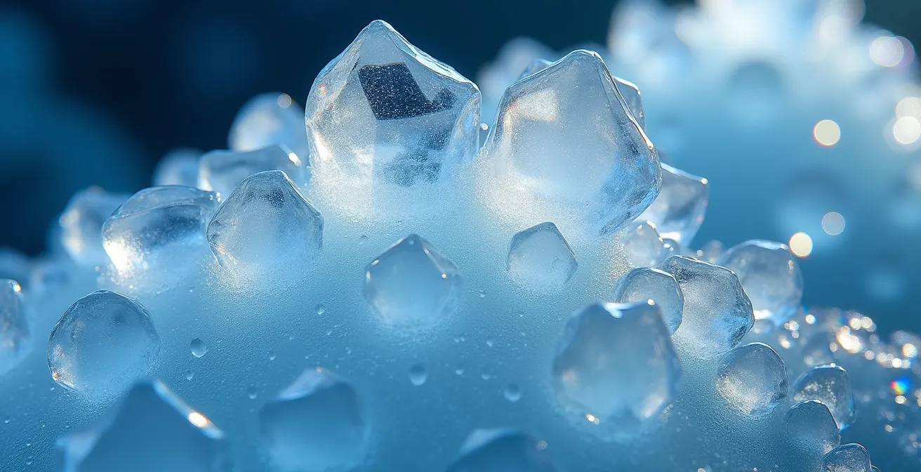 Makroaufnahme von Eiskristallen mit Lichtbrechung unter Wasser