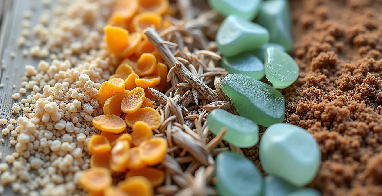 Makroaufnahme verschiedener Texturen und Materialien die Reiseerinnerungen symbolisieren