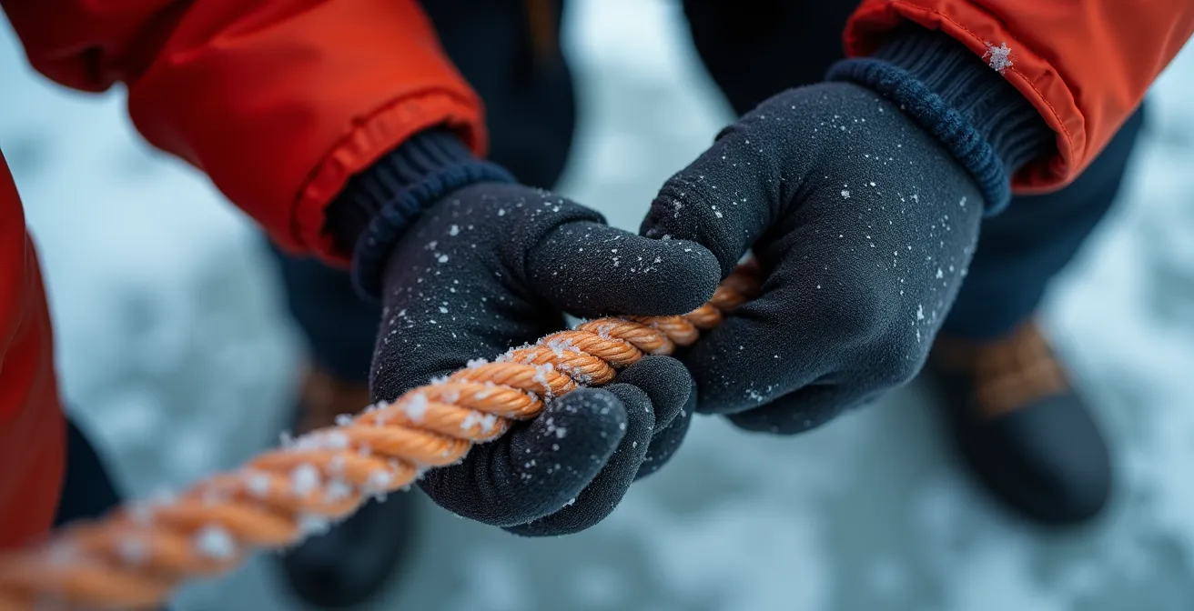 Sicherheitsteam an einem Eisloch mit professioneller Ausrüstung und Leinenführung
