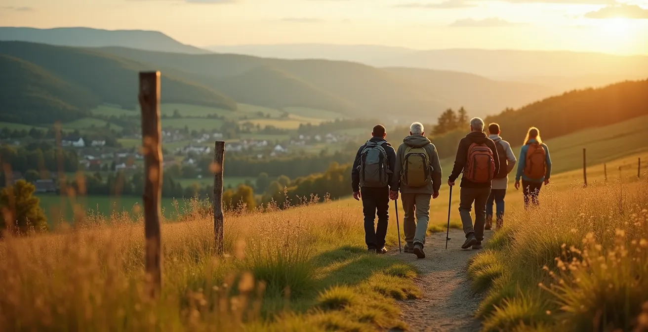Wandergruppe verschiedener Generationen auf deutschem Wanderweg im goldenen Nachmittagslicht