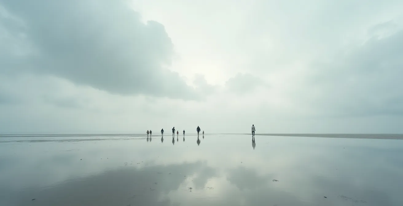 Endlose Weite des Wattenmeers bei Ebbe mit Wattwanderern, die als kleine Figuren die riesige Landschaft betonen.
