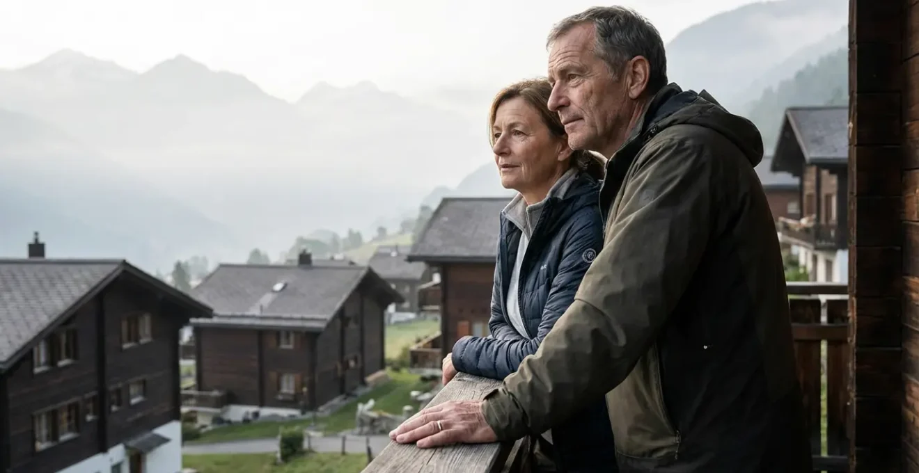 Ehepaar betrachtet Schweizer Berglandschaft mit traditionellen Chalets – Immobilienmarkt Schweiz