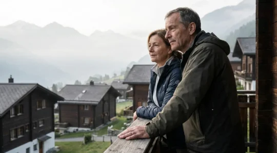 Ehepaar betrachtet Schweizer Berglandschaft mit traditionellen Chalets – Immobilienmarkt Schweiz