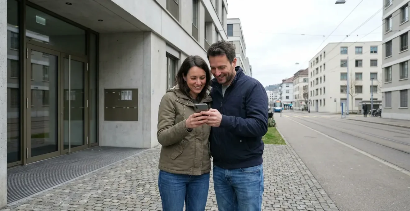 Paar nutzt Smartphone-App für Immobilienbewertung vor Schweizer Wohngebäude