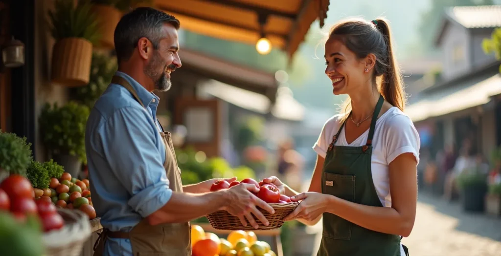 Lebendiger Wochenmarkt mit regionalen Spezialitäten Lebendiger Wochenmarkt mit regionalen Spezialitäten