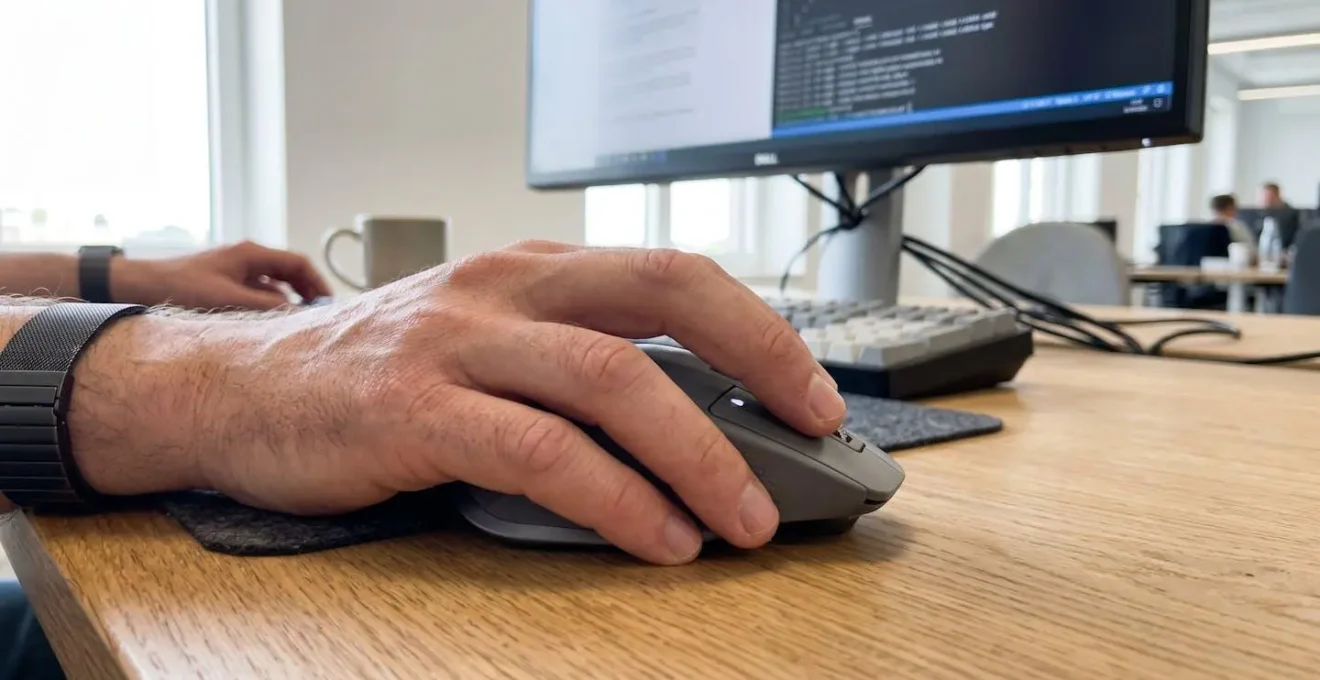 Nahaufnahme einer Hand, die eine Computer-Maus auf einem aufgeräumten Schreibtisch bedient, mit unscharfem Monitor im Hintergrund