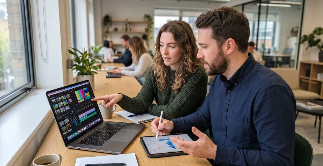 Zwei Marketing-Profis arbeiten gemeinsam an einem Laptop in einem hellen, modernen Büroraum mit großen Fenstern