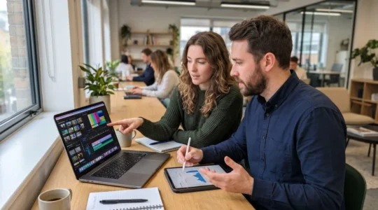 Zwei Marketing-Profis arbeiten gemeinsam an einem Laptop in einem hellen, modernen Büroraum mit großen Fenstern
