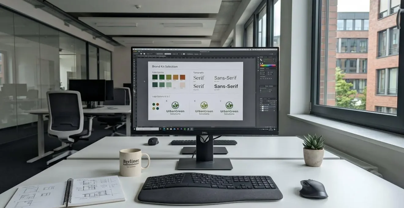 Heller, aufgeräumter Arbeitsplatz in einem zeitgenössischen deutschen Büro mit grossem Monitor und natürlichem Tageslicht durch Fenster
