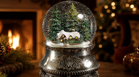 Schneekugel mit verschneitem Haus, Tannenbäumen und silbernem Sockel vor warmer festlicher Weihnachtsdekoration