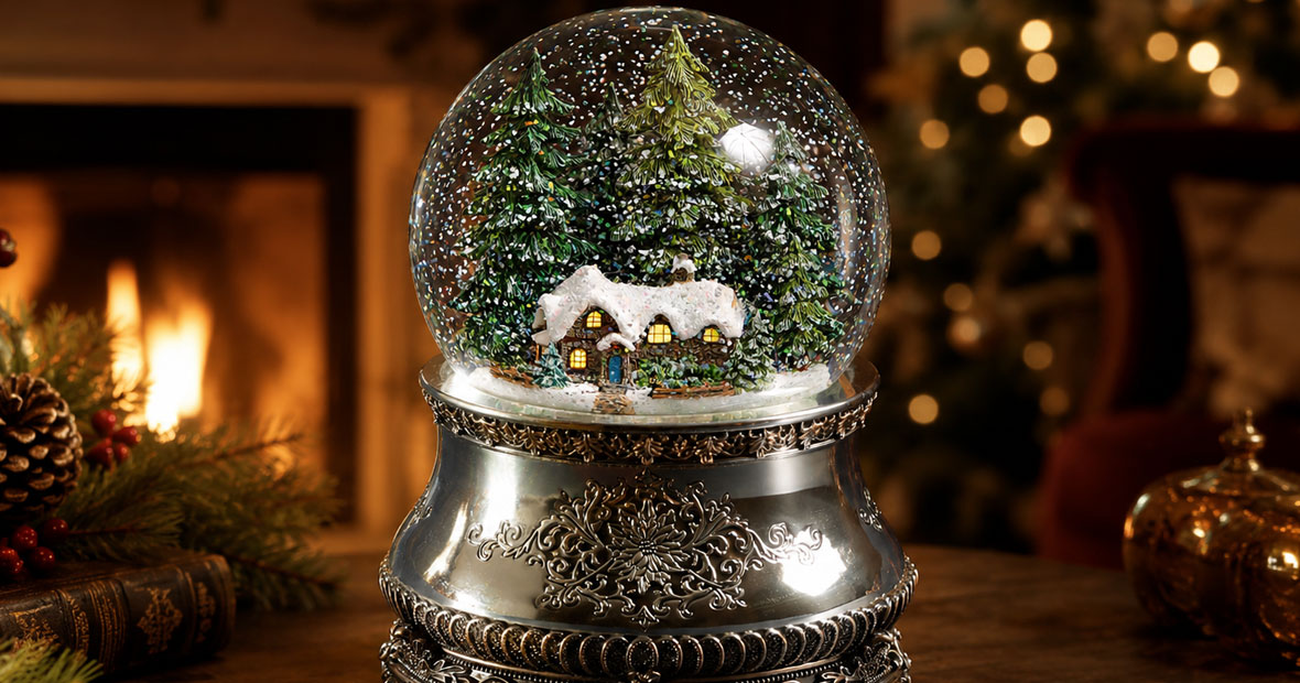 Schneekugel mit verschneitem Haus, Tannenbäumen und silbernem Sockel vor warmer festlicher Weihnachtsdekoration