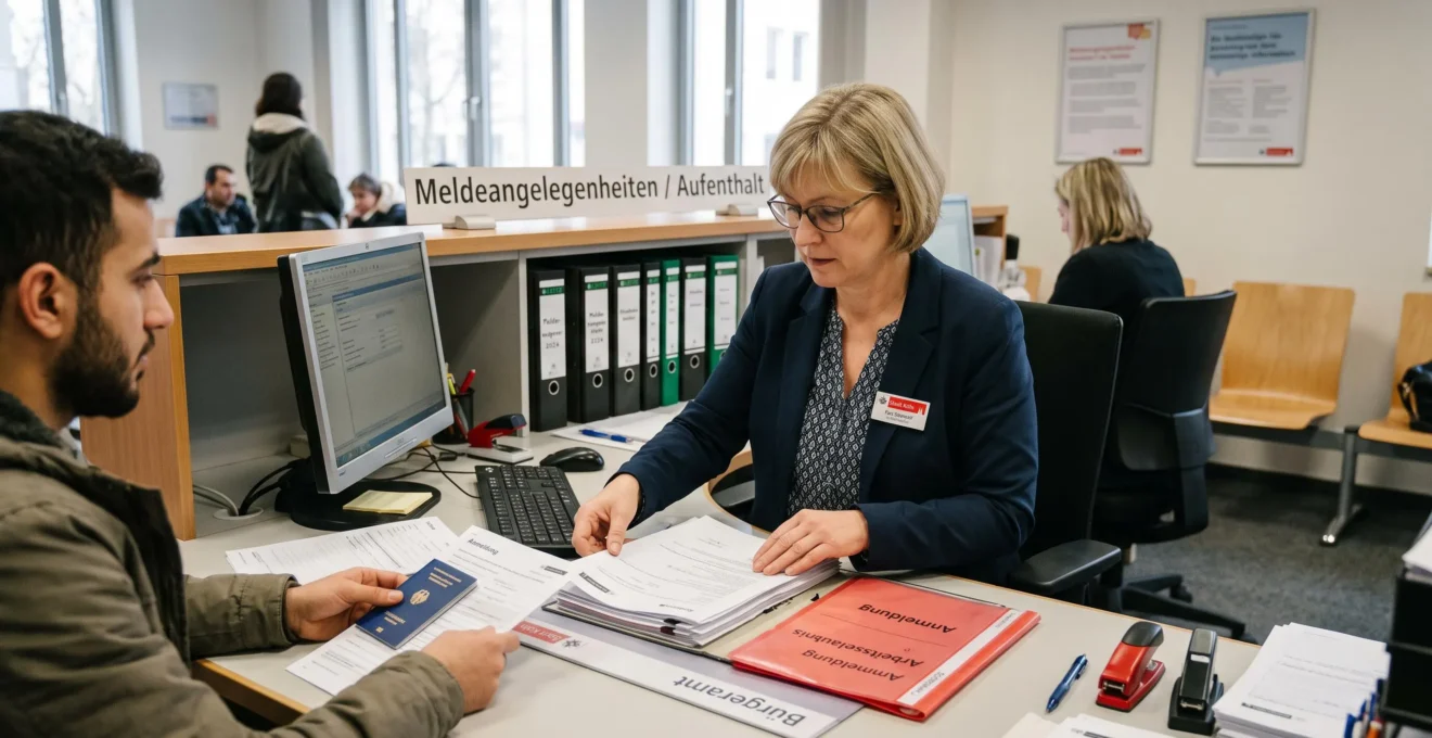 Person bei administrativen Formalitäten mit offiziellen Dokumenten und Ordnern an einem Schalter in einem deutschen Amt