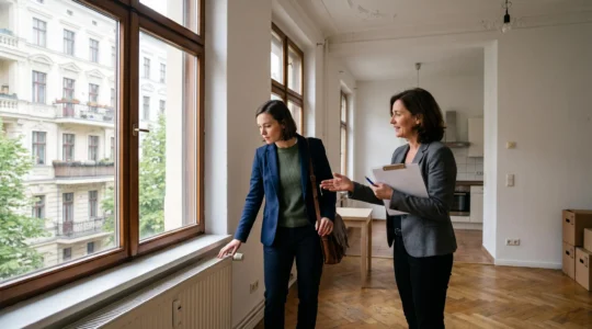 Zwei Fachkräfte unterschiedlicher Herkunft arbeiten gemeinsam an einem Stehtisch in einem modernen Coworking-Space und besprechen Projektunterlagen