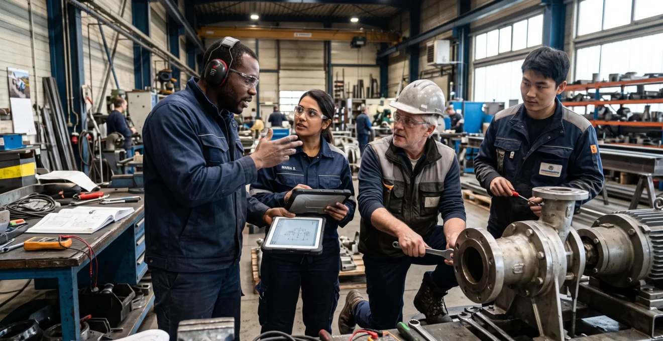 Fachkräfte unterschiedlicher Herkunft koordinieren gemeinsam ihre Arbeit an einem technischen Projekt in einer industriellen Arbeitsumgebung