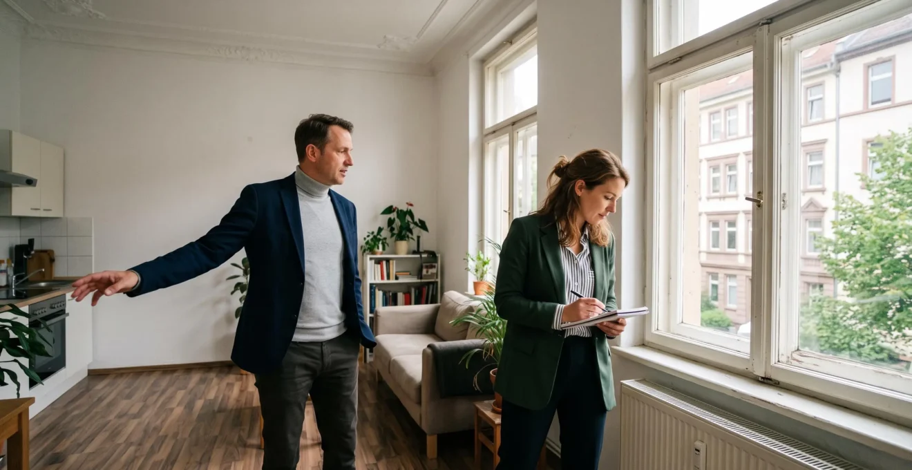 Berufstätiger bei der Wohnungsbesichtigung mit einem Immobilienmakler in einem deutschen Wohngebäude